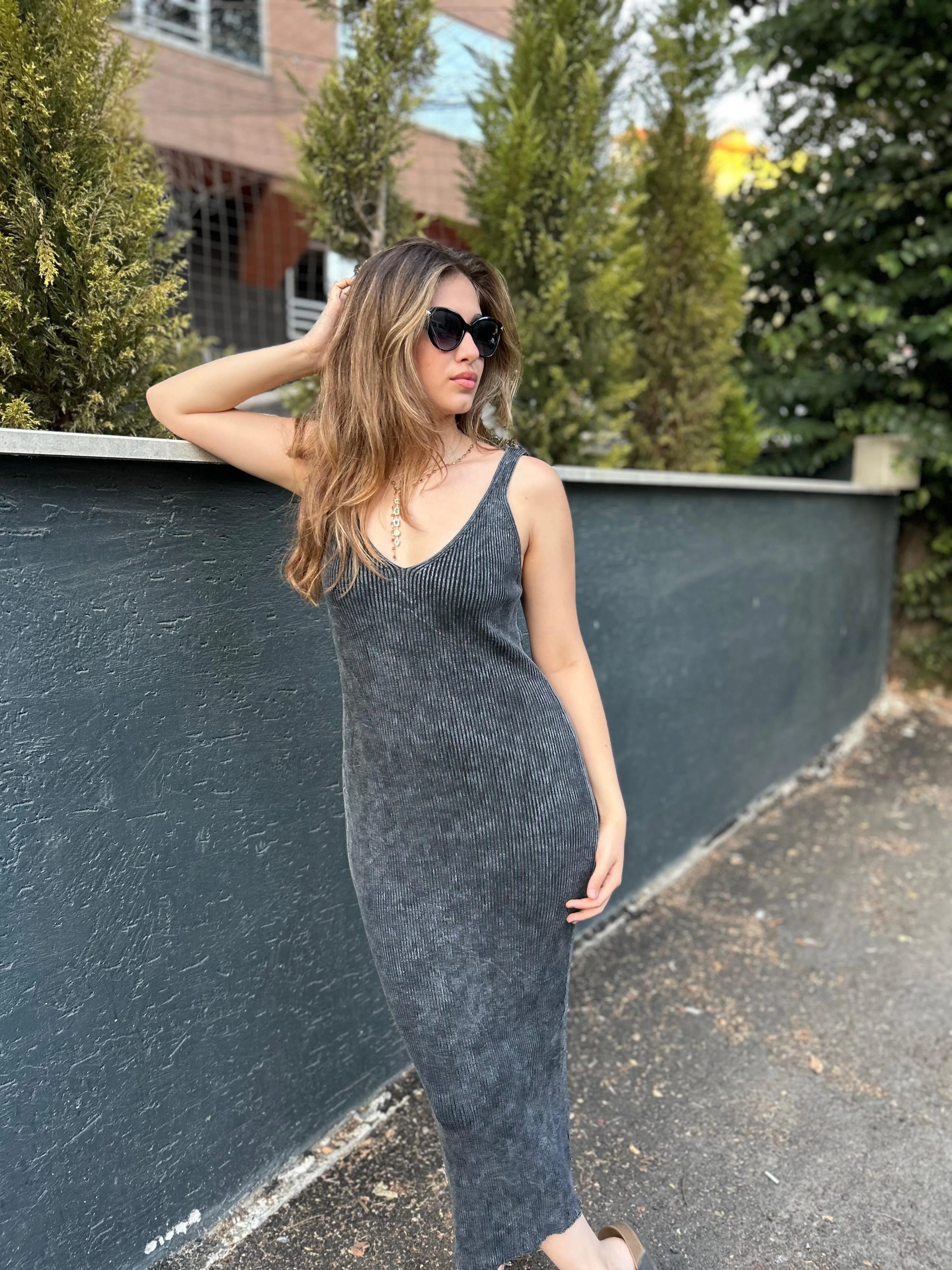 Antrasit Yıkamalı Triko Elbise